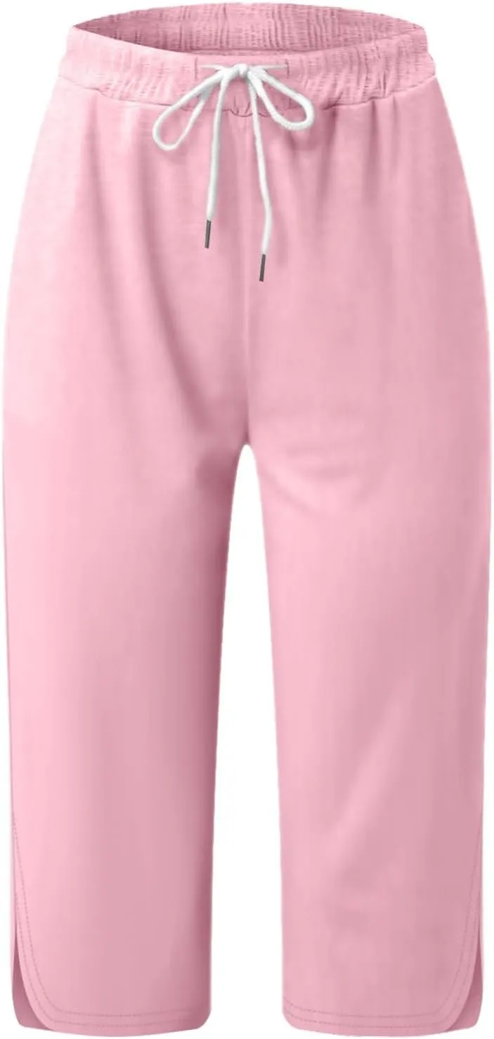 Cargo Capri Pants for Women Wide Leg Linen Pants for Women Loose High Waisted Wide Leg Lounge Drawstring Casual Palazzo