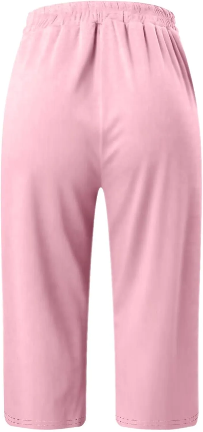 Cargo Capri Pants for Women Wide Leg Linen Pants for Women Loose High Waisted Wide Leg Lounge Drawstring Casual Palazzo