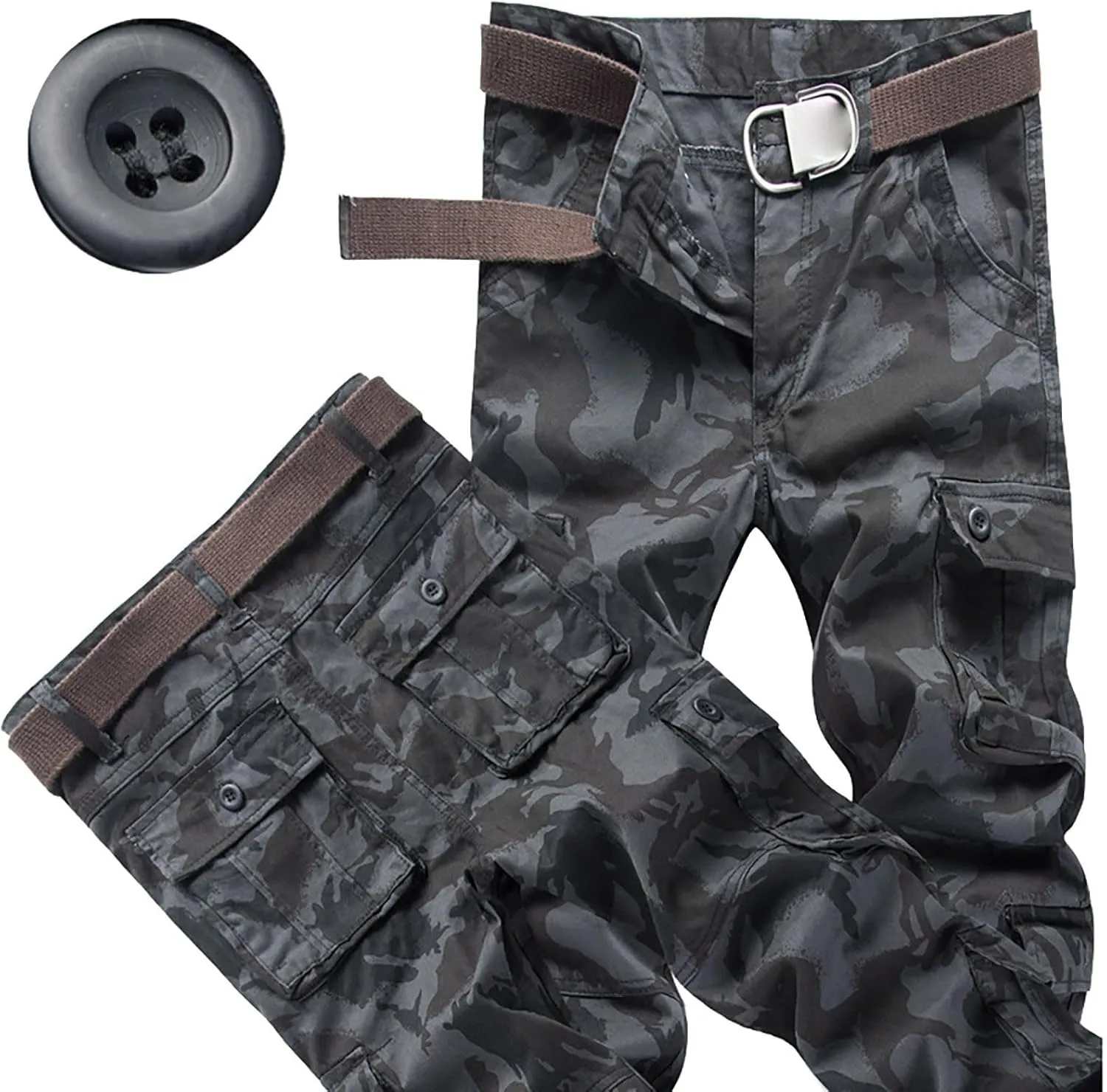 Cargo Pants for Men Camo Stretch Button Waist Tactical Pants Relaxed Fit Fleece Lined Tapered Sweatpants with Pockets