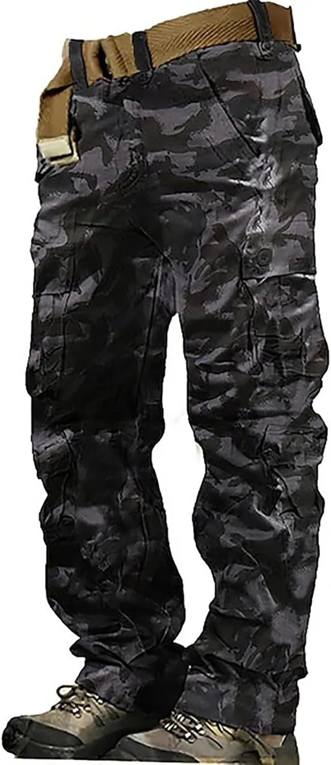 Cargo Pants for Men Camo Stretch Button Waist Tactical Pants Relaxed Fit Fleece Lined Tapered Sweatpants with Pockets