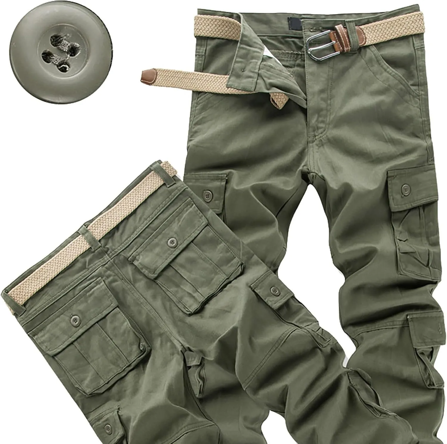 Cargo Pants for Men Camo Stretch Button Waist Tactical Pants Relaxed Fit Fleece Lined Tapered Sweatpants with Pockets