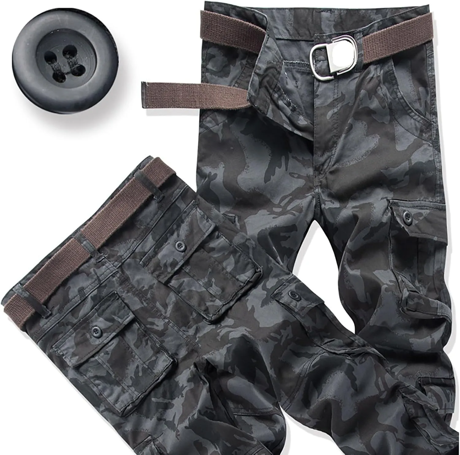 Cargo Pants for Men Camo Stretch Button Waist Tactical Pants Relaxed Fit Fleece Lined Tapered Sweatpants with Pockets