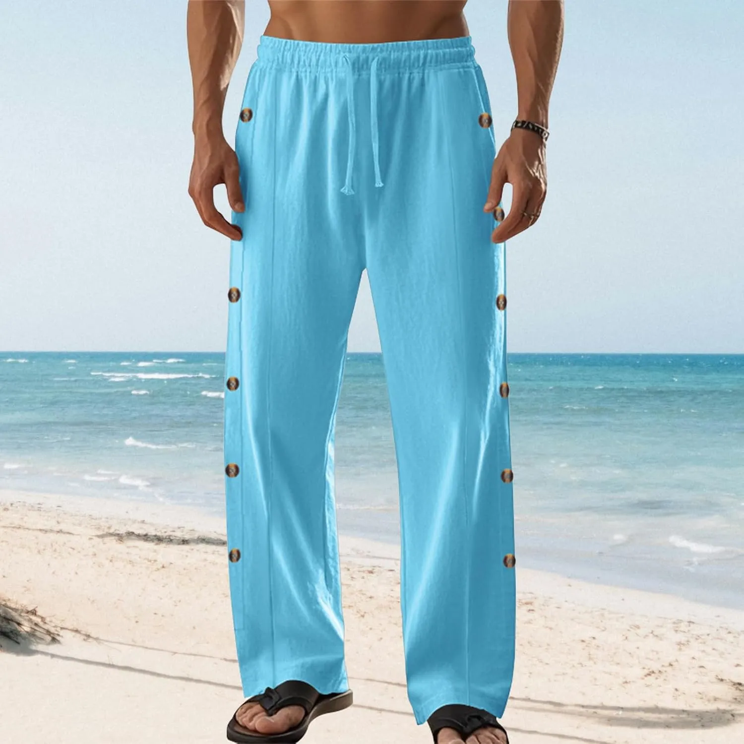 Casual Linen Pants for Men Side Button Elastic Waist Trousers Drawstring Open Bottom Pants Summer Baggy Thin Trousers