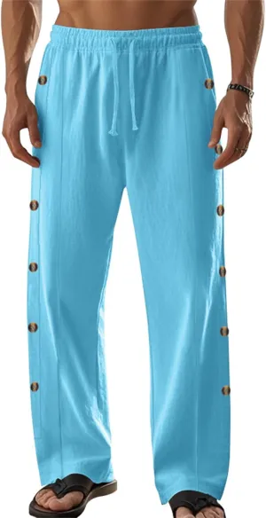 Casual Linen Pants for Men Side Button Elastic Waist Trousers Drawstring Open Bottom Pants Summer Baggy Thin Trousers