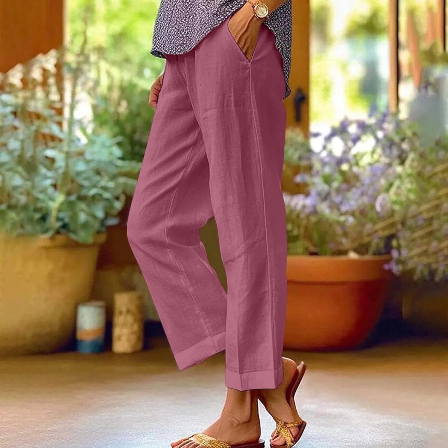Casual Linen Pants Women Petite High Waist Business Slacks Stretch Flowy Pants 2025 Summer Vacation Linen Trousers