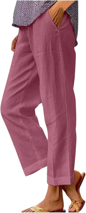 Casual Linen Pants Women Petite High Waist Business Slacks Stretch Flowy Pants 2025 Summer Vacation Linen Trousers