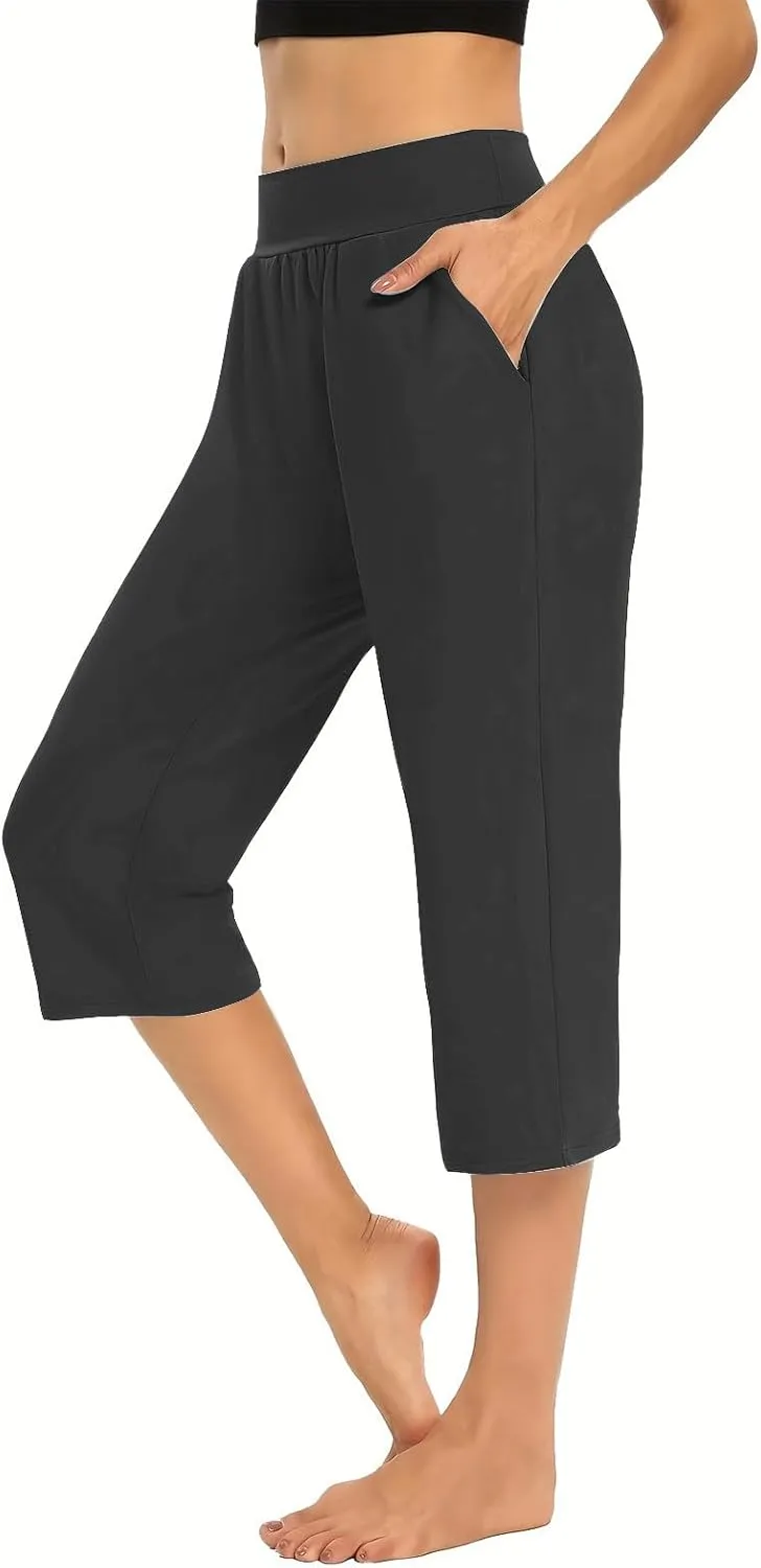 Casual Pants for Women 2 Piece Tummy Control Capri Yoga Pants Straight Leg Leggings Loose Fit Casual Work Pants