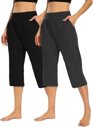 Casual Pants for Women 2 Piece Tummy Control Capri Yoga Pants Straight Leg Leggings Loose Fit Casual Work Pants