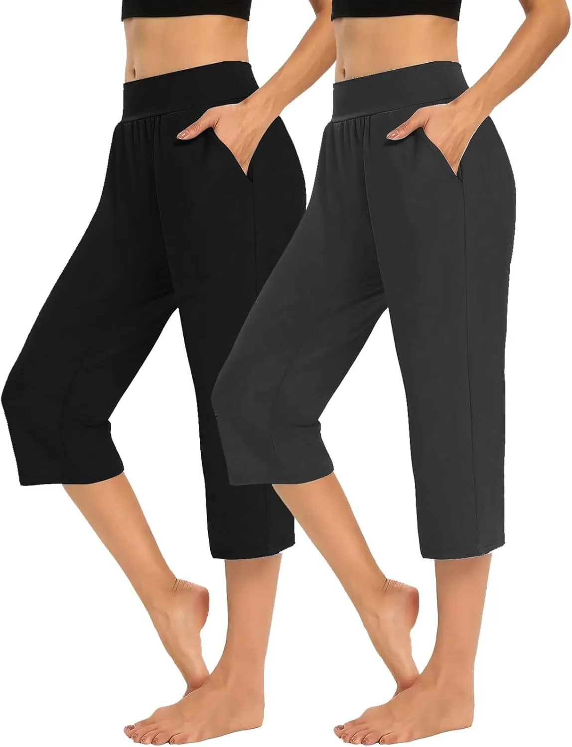 Casual Pants for Women 2 Piece Tummy Control Capri Yoga Pants Straight Leg Leggings Loose Fit Casual Work Pants