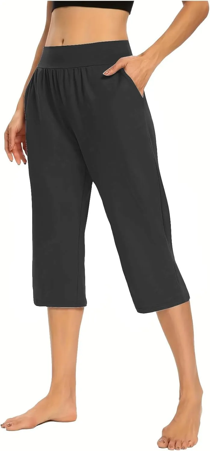 Casual Pants for Women 2 Piece Tummy Control Capri Yoga Pants Straight Leg Leggings Loose Fit Casual Work Pants