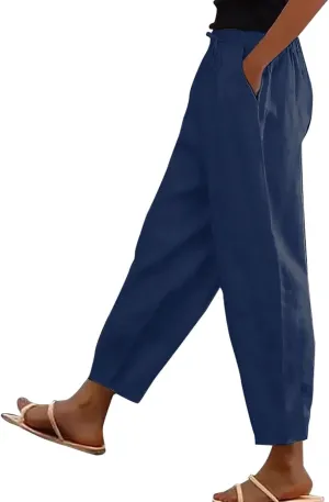 Casual Pants for Women Straight Leg Beach Trousers with Pockets Baggy Elastic Waist Lounge Slacks