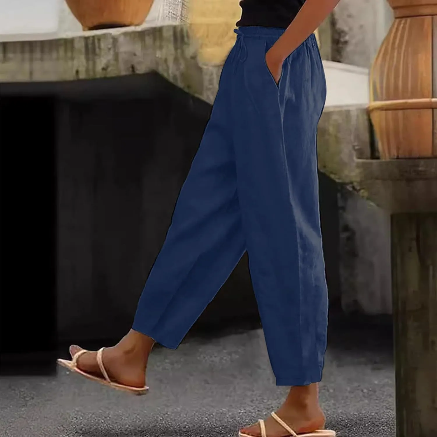 Casual Pants for Women Straight Leg Beach Trousers with Pockets Baggy Elastic Waist Lounge Slacks