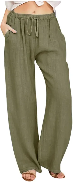 Casual Woman Linen Pants Loose High Waist Pants Baggy Flowy Slacks 2025 Summer Drawstring Cotton Long Trousers