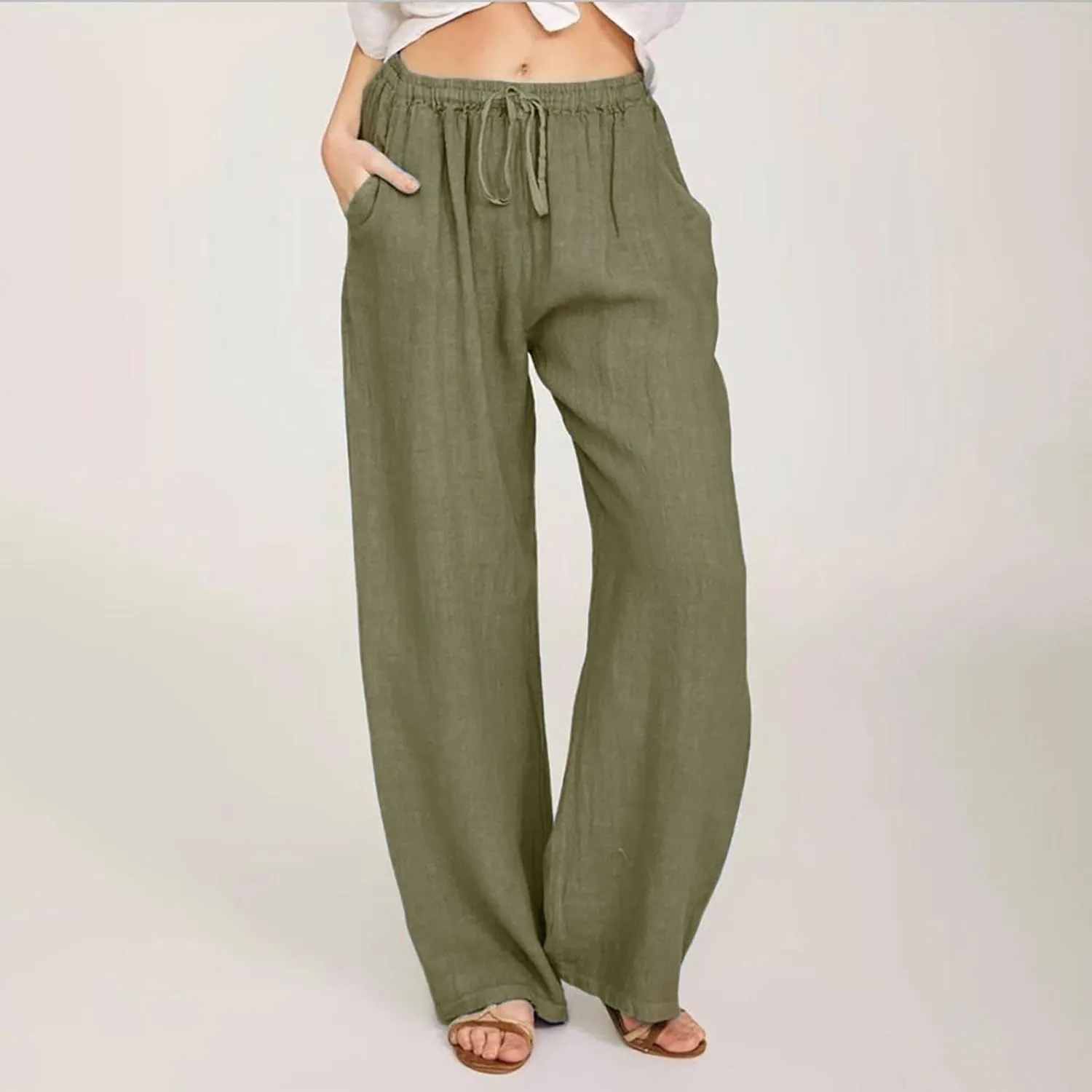 Casual Woman Linen Pants Loose High Waist Pants Baggy Flowy Slacks 2025 Summer Drawstring Cotton Long Trousers