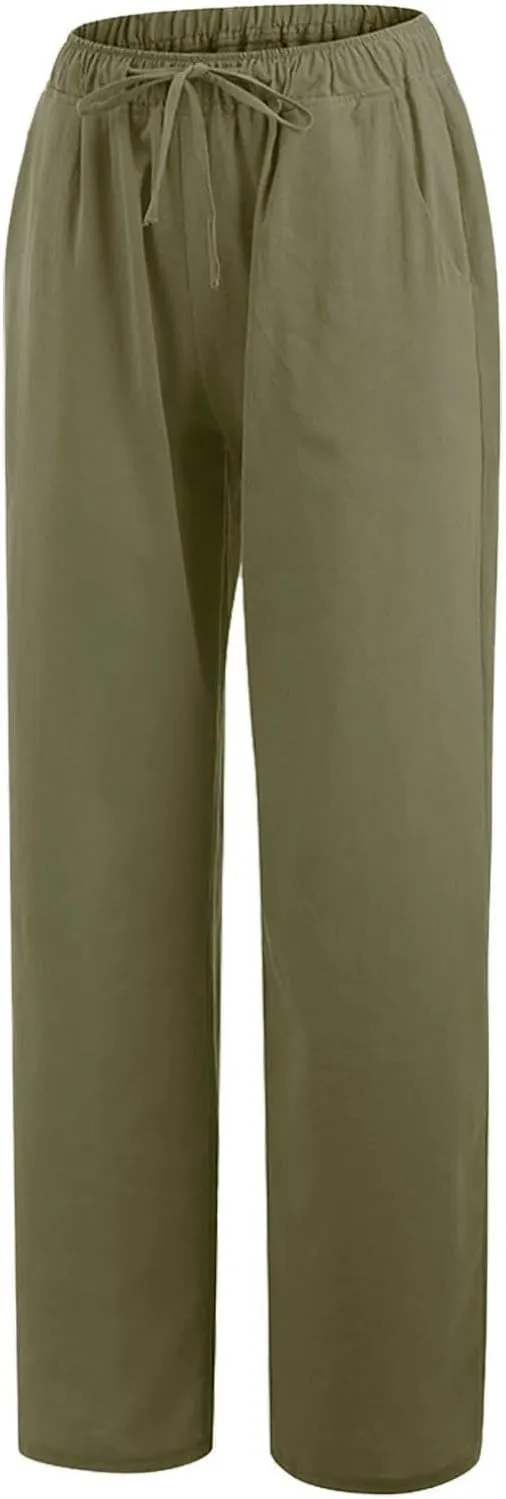 Casual Woman Linen Pants Loose High Waist Pants Baggy Flowy Slacks 2025 Summer Drawstring Cotton Long Trousers