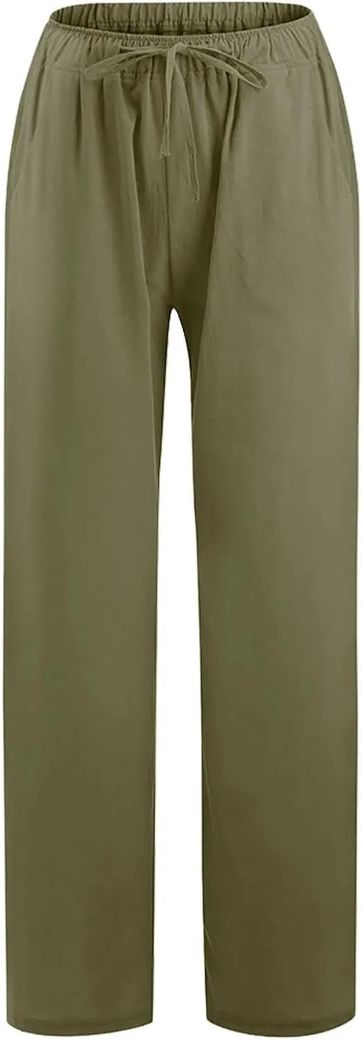 Casual Woman Linen Pants Loose High Waist Pants Baggy Flowy Slacks 2025 Summer Drawstring Cotton Long Trousers