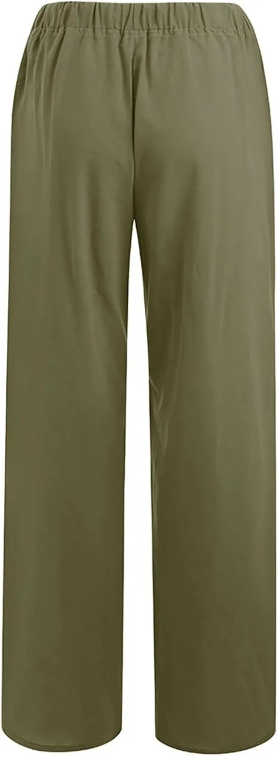 Casual Woman Linen Pants Loose High Waist Pants Baggy Flowy Slacks 2025 Summer Drawstring Cotton Long Trousers
