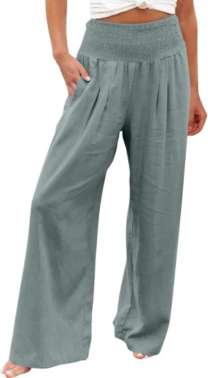 Casual Women Linen Pants Summer Baggy Palazzo Pants Baggy High Waist Loose Slacks Beach Long Trousers 2025 Trendy