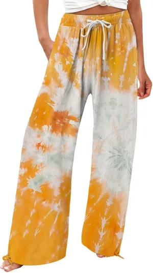 Casuals Lounge Business Pants with Pockets Womens Cotton Casual Loose Pants Comfy Elastic Drawstring Beach Palazzo