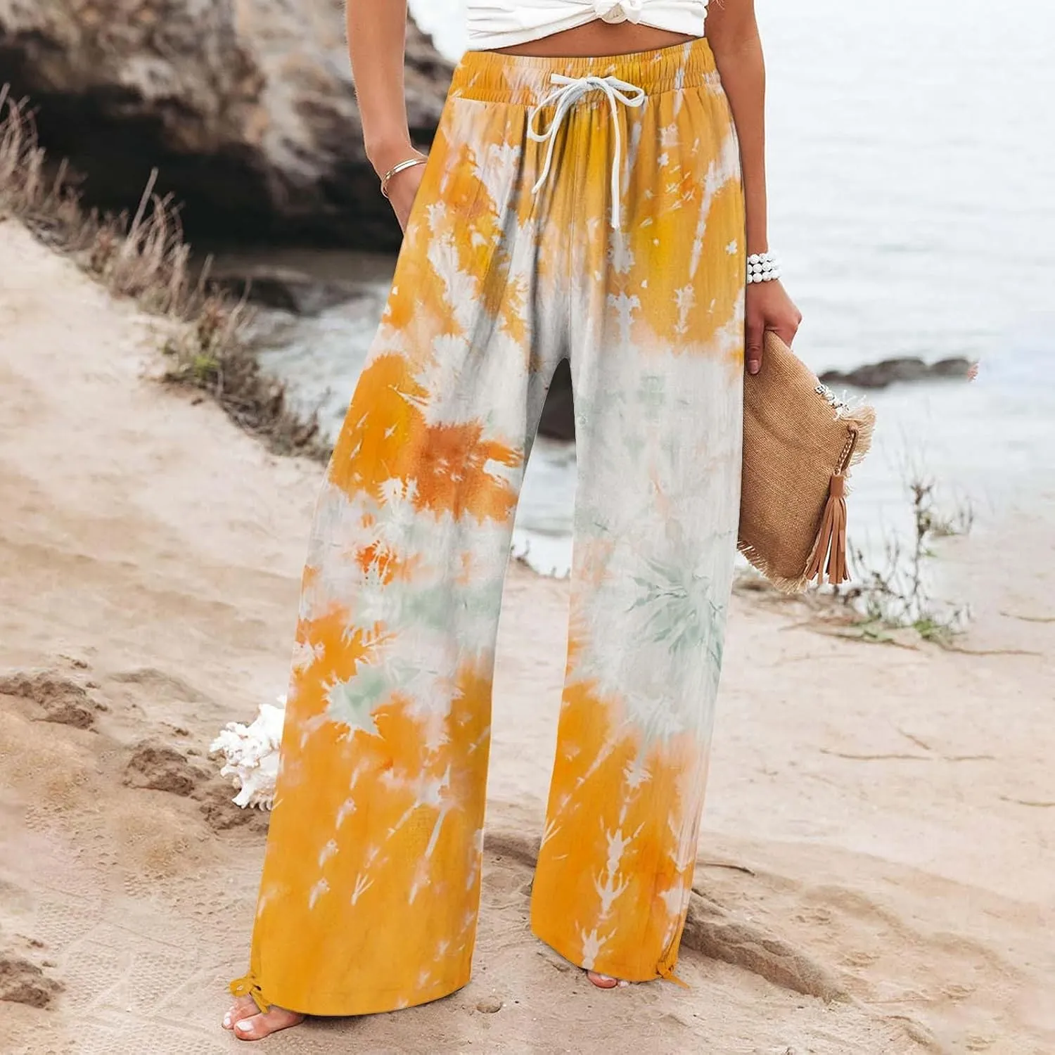 Casuals Lounge Business Pants with Pockets Womens Cotton Casual Loose Pants Comfy Elastic Drawstring Beach Palazzo