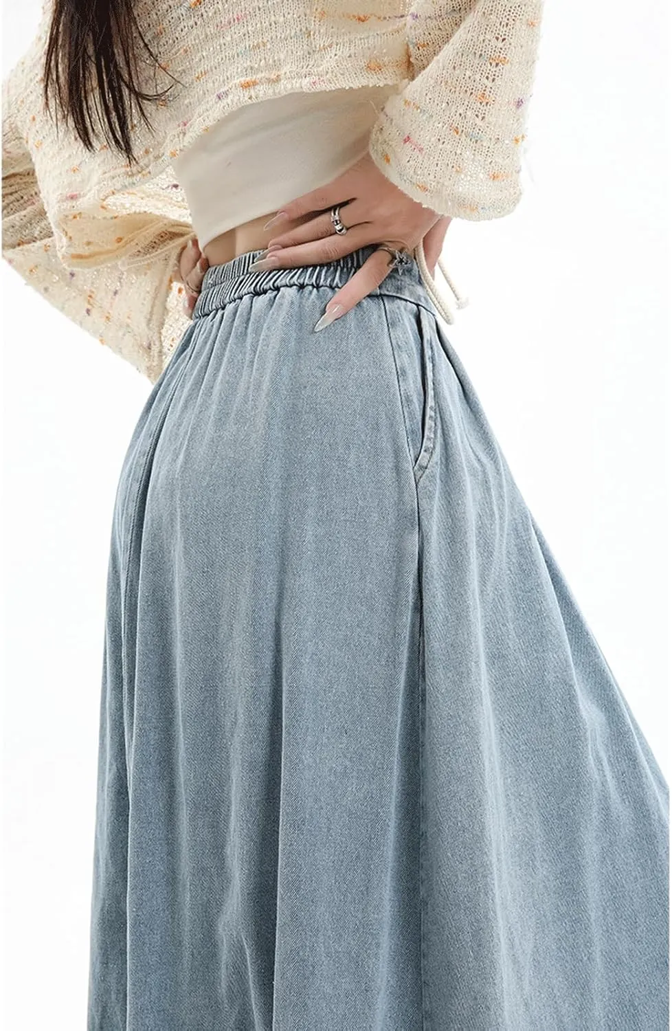 CHARTOU Pleated A Line Denim Skirt Long Elastic Waist Jean Skirt Vintage Ruffle Skirt with Pockets for Women