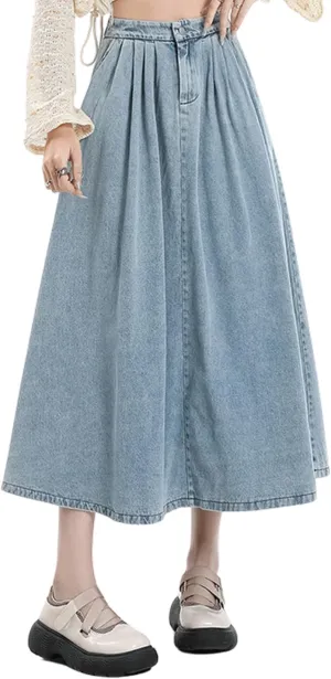 CHARTOU Pleated A Line Denim Skirt Long Elastic Waist Jean Skirt Vintage Ruffle Skirt with Pockets for Women
