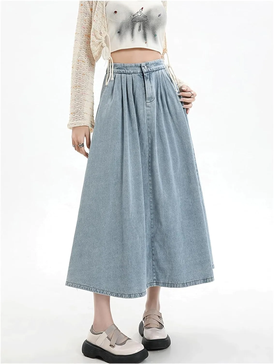CHARTOU Pleated A Line Denim Skirt Long Elastic Waist Jean Skirt Vintage Ruffle Skirt with Pockets for Women