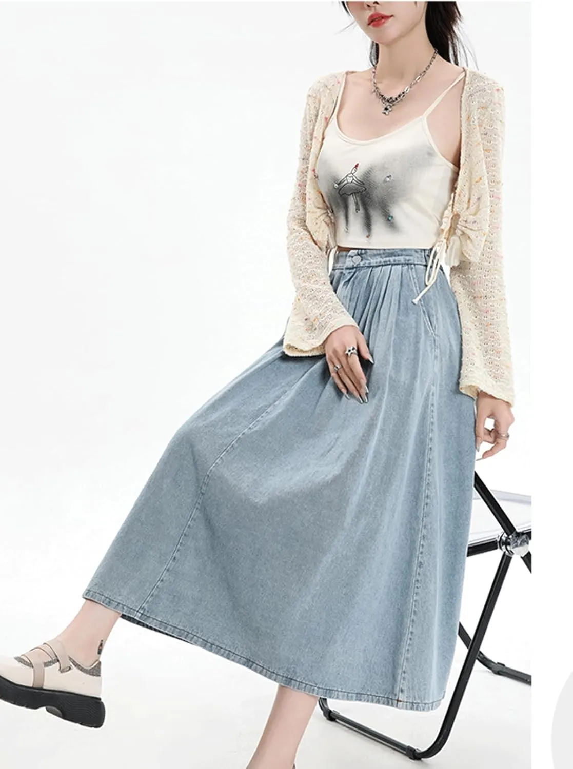 CHARTOU Pleated A Line Denim Skirt Long Elastic Waist Jean Skirt Vintage Ruffle Skirt with Pockets for Women