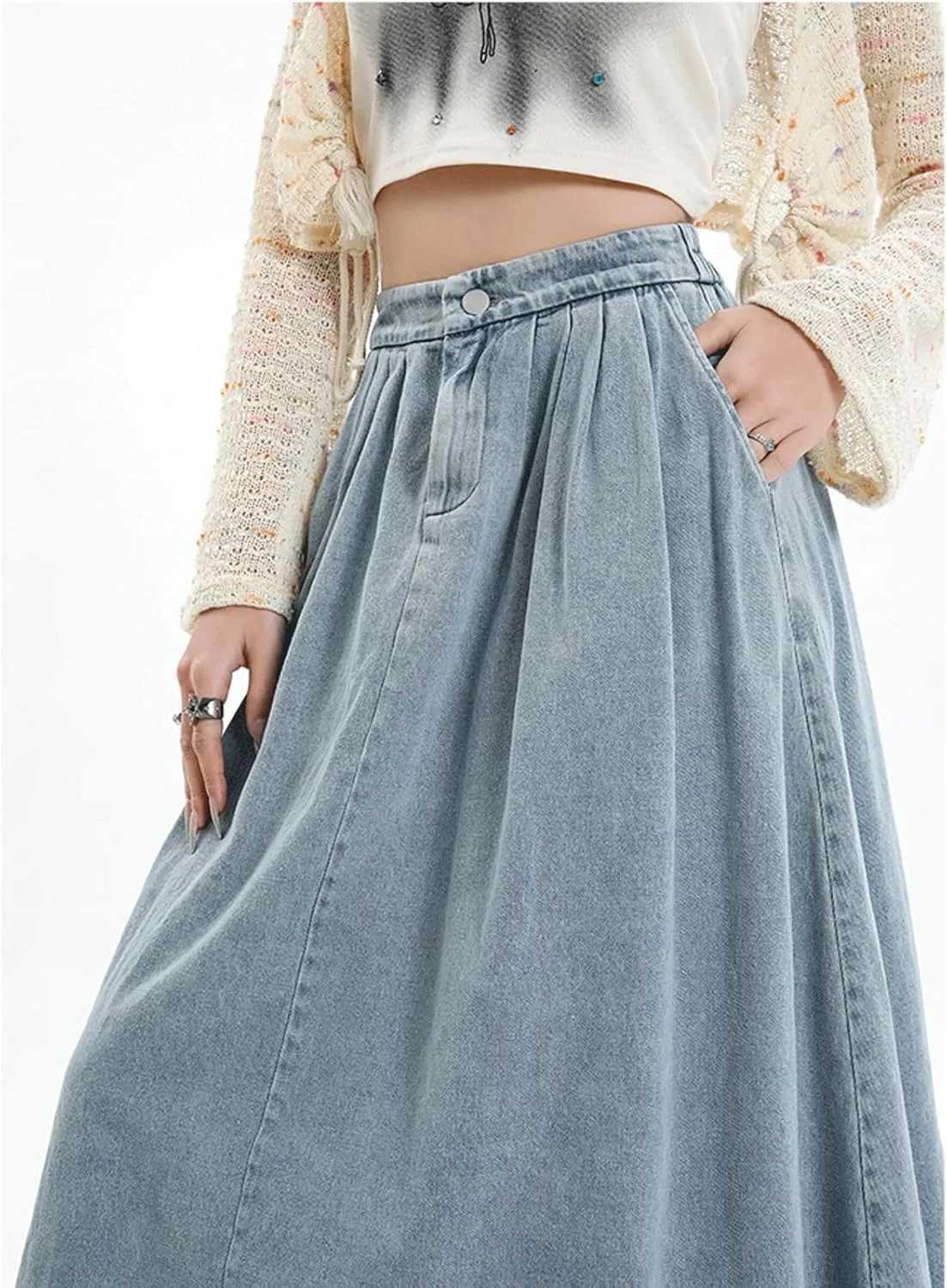 CHARTOU Pleated A Line Denim Skirt Long Elastic Waist Jean Skirt Vintage Ruffle Skirt with Pockets for Women