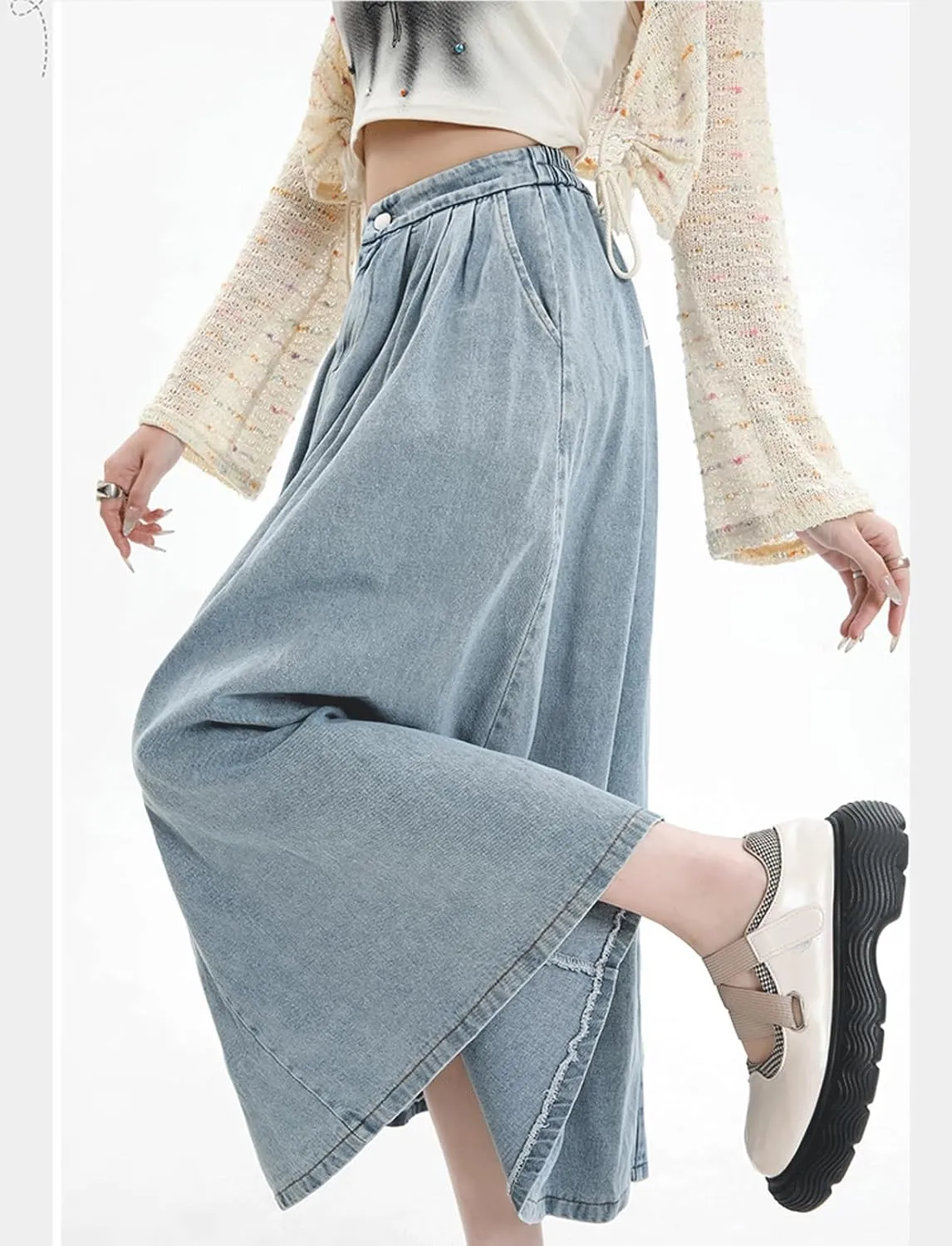 CHARTOU Pleated A Line Denim Skirt Long Elastic Waist Jean Skirt Vintage Ruffle Skirt with Pockets for Women