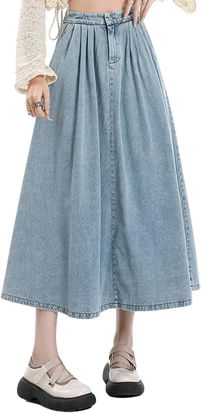 CHARTOU Pleated A Line Denim Skirt Long Elastic Waist Jean Skirt Vintage Ruffle Skirt with Pockets for Women