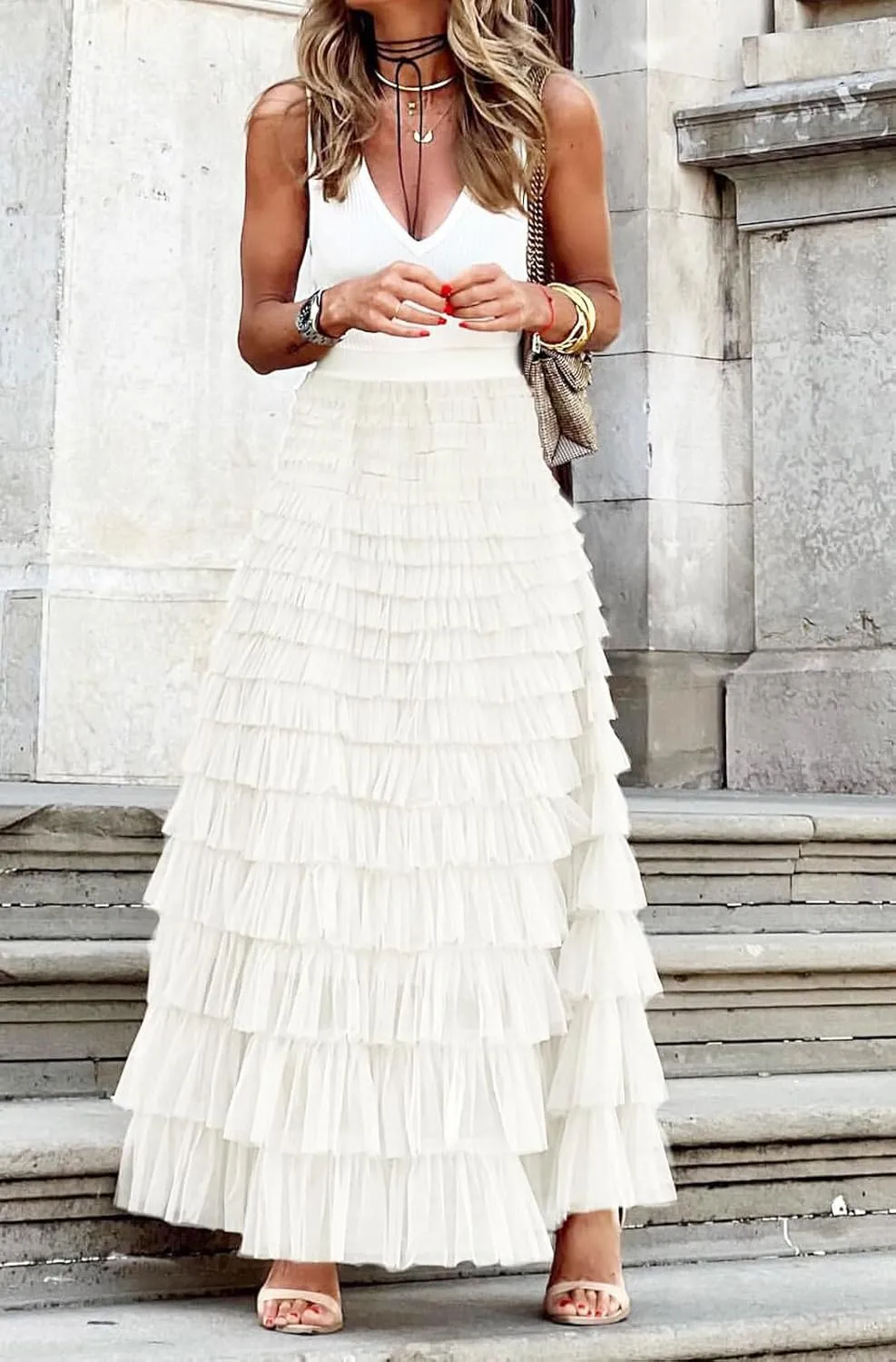 CHARTOU Women Layered Tiered Tulle Maxi Skirt Sheer Mesh A Line Skirt Flared Elastic Waist Long Cake Skirt Party