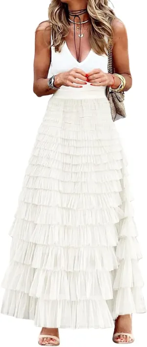CHARTOU Women Layered Tiered Tulle Maxi Skirt Sheer Mesh A Line Skirt Flared Elastic Waist Long Cake Skirt Party