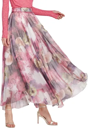 CHARTOU Women's Elegant Summer Full Length Boho Floral Print Pleated Chiffon Long Maxi Skirt Dress