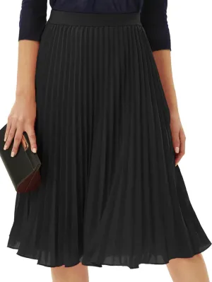 Chic Elegant Pure Elastic Waist Pleated Midi Dress, Idea to Daily Wear All-Match, Woman Clothes Black