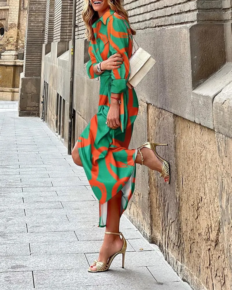 CHICME Women's Long Sleeve Midi Dress Casual Wrap Tied Detail Shirt Dresses Floral Print Fall Boho Long Dress
