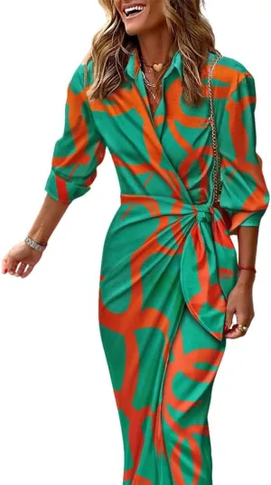 CHICME Women's Long Sleeve Midi Dress Casual Wrap Tied Detail Shirt Dresses Floral Print Fall Boho Long Dress