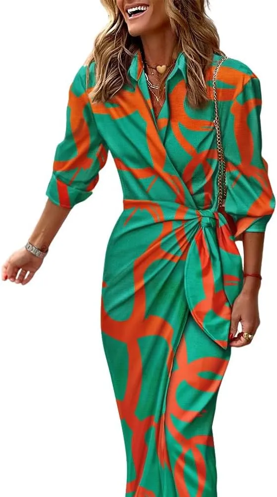 CHICME Women's Long Sleeve Midi Dress Casual Wrap Tied Detail Shirt Dresses Floral Print Fall Boho Long Dress