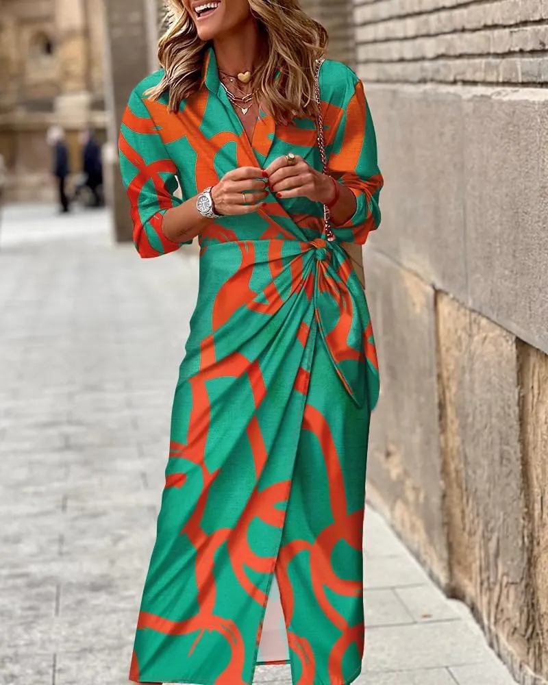 CHICME Women's Long Sleeve Midi Dress Casual Wrap Tied Detail Shirt Dresses Floral Print Fall Boho Long Dress