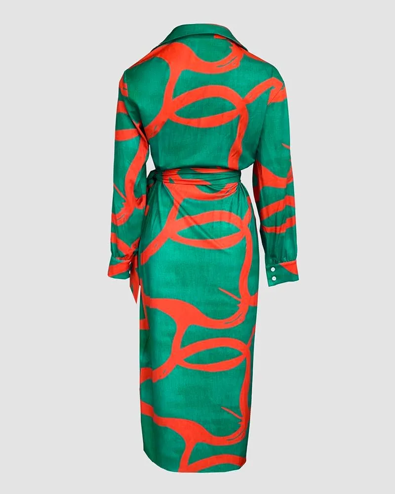CHICME Women's Long Sleeve Midi Dress Casual Wrap Tied Detail Shirt Dresses Floral Print Fall Boho Long Dress