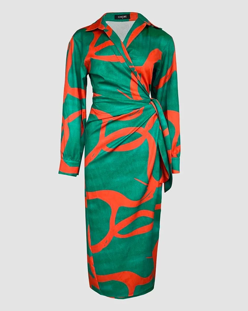 CHICME Women's Long Sleeve Midi Dress Casual Wrap Tied Detail Shirt Dresses Floral Print Fall Boho Long Dress