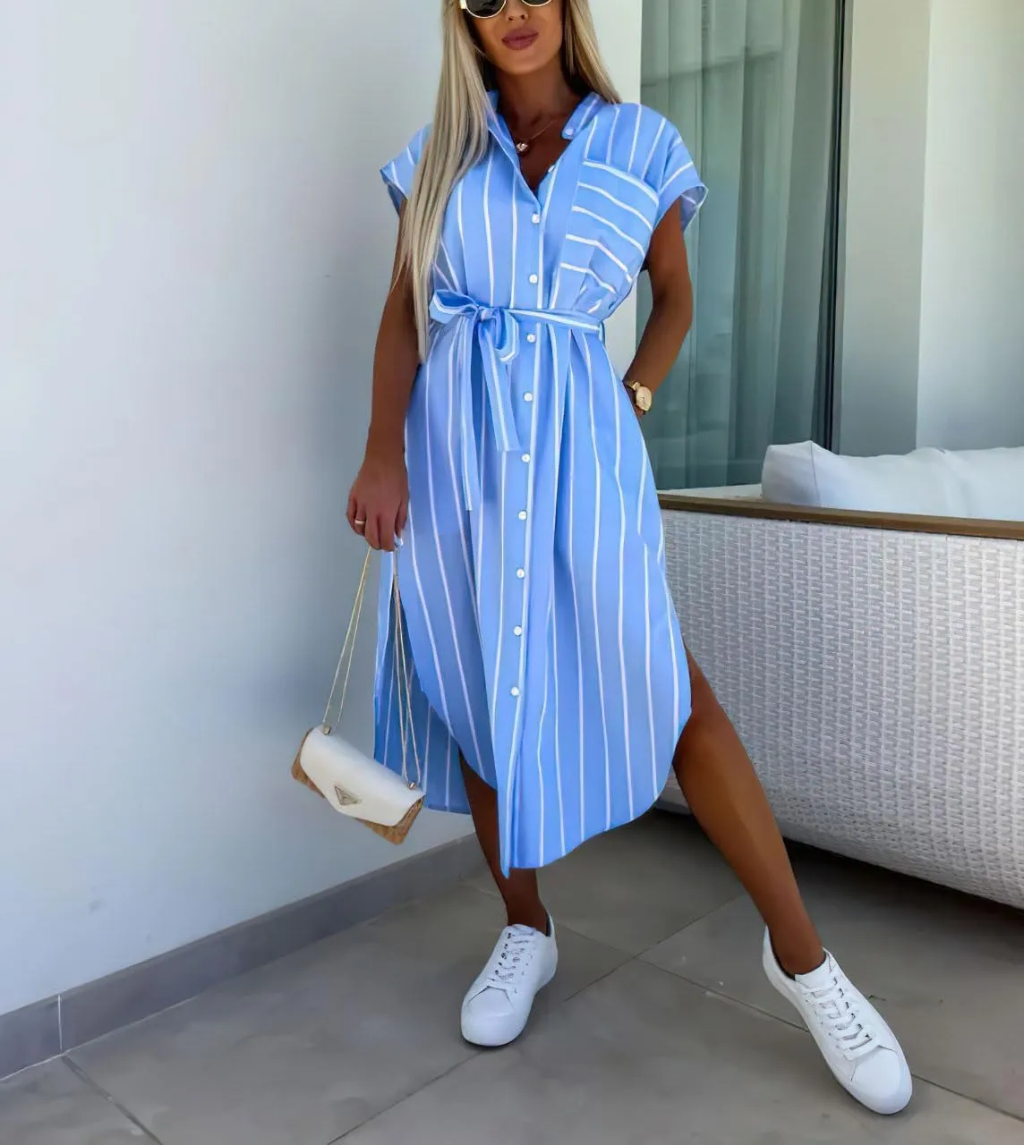chouyatou Women's Button Down Sleeveless Striped Shirt Dress Sexy Side Slit Belted Midi Long Dress with Pockets
