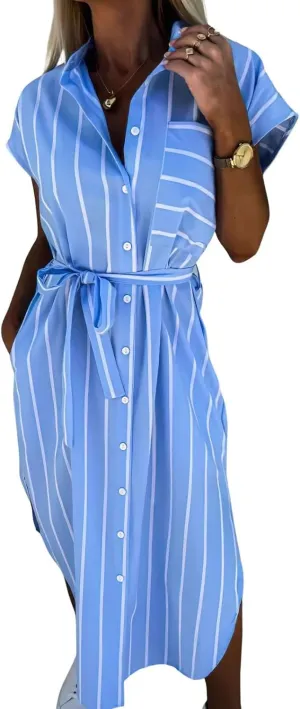 chouyatou Women's Button Down Sleeveless Striped Shirt Dress Sexy Side Slit Belted Midi Long Dress with Pockets