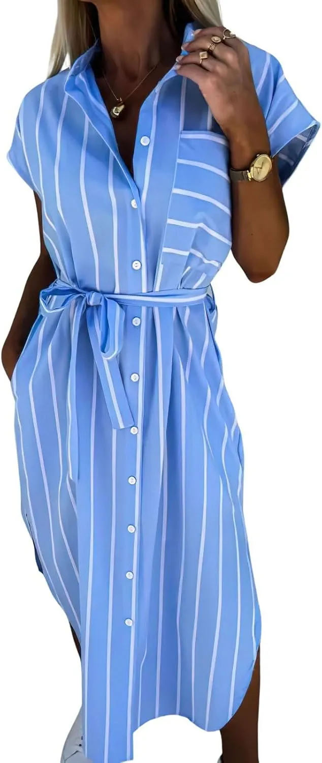 chouyatou Women's Button Down Sleeveless Striped Shirt Dress Sexy Side Slit Belted Midi Long Dress with Pockets