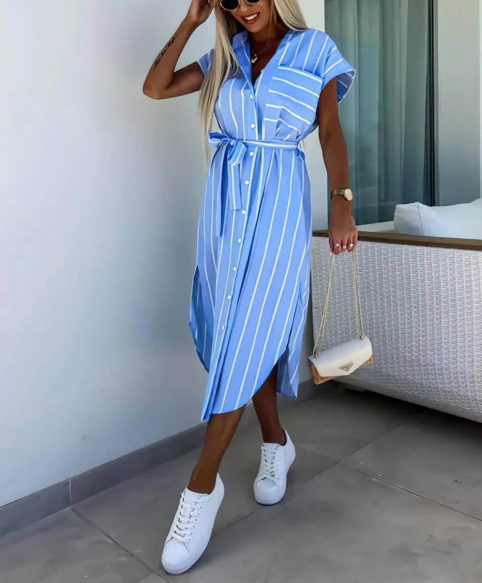 chouyatou Women's Button Down Sleeveless Striped Shirt Dress Sexy Side Slit Belted Midi Long Dress with Pockets
