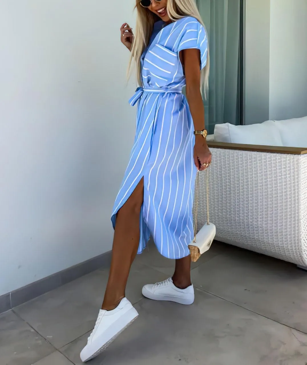 chouyatou Women's Button Down Sleeveless Striped Shirt Dress Sexy Side Slit Belted Midi Long Dress with Pockets