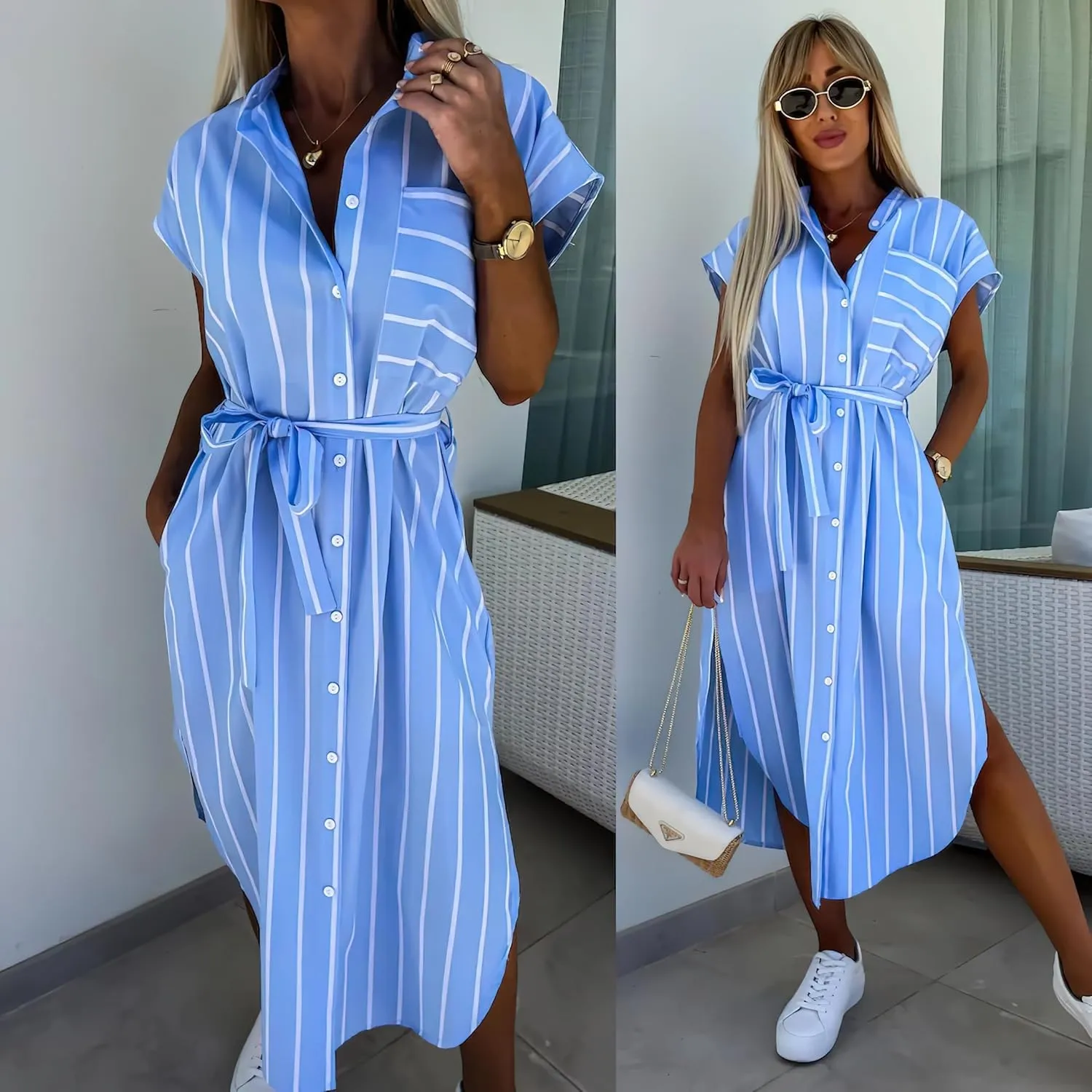 chouyatou Women's Button Down Sleeveless Striped Shirt Dress Sexy Side Slit Belted Midi Long Dress with Pockets