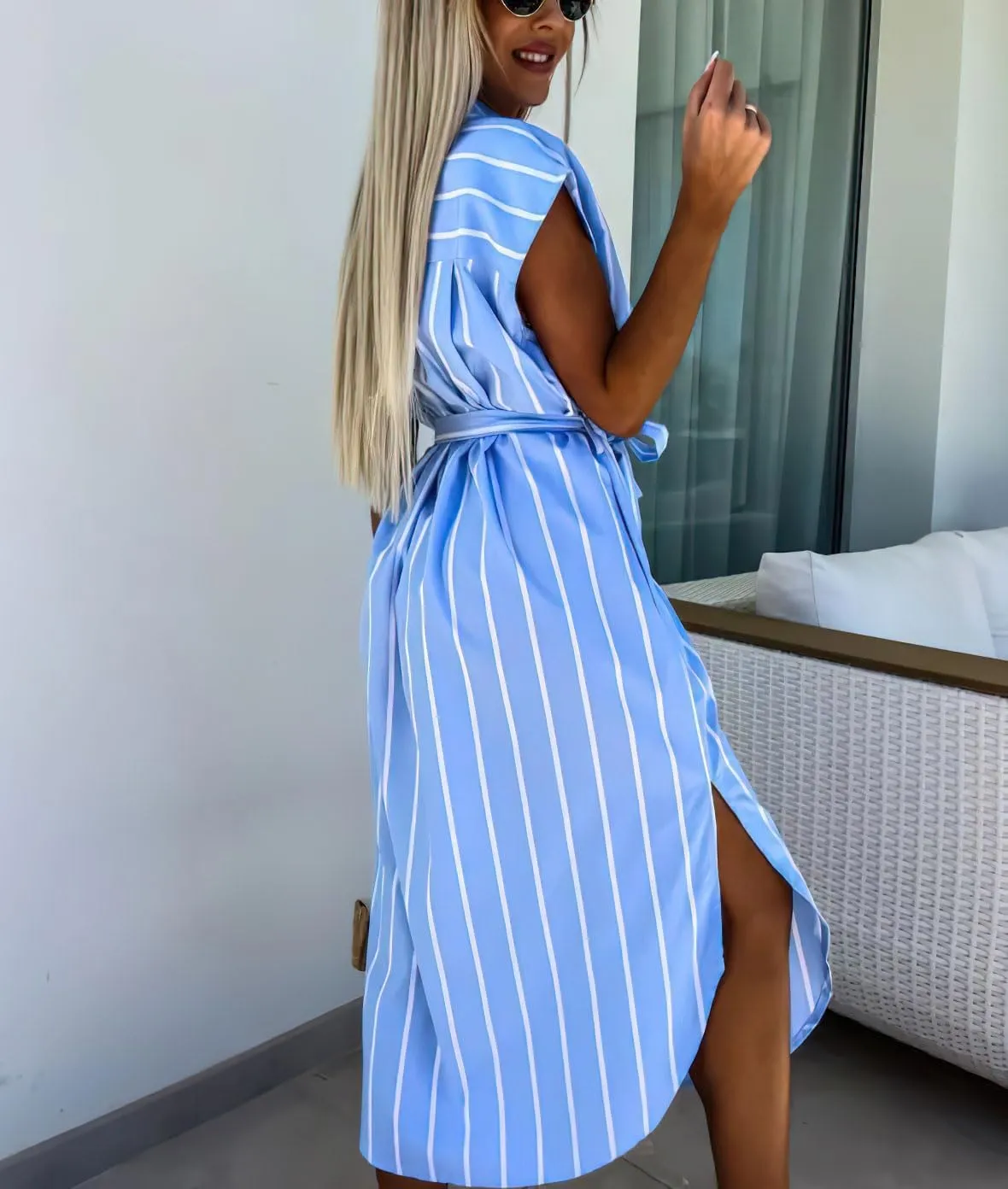 chouyatou Women's Button Down Sleeveless Striped Shirt Dress Sexy Side Slit Belted Midi Long Dress with Pockets