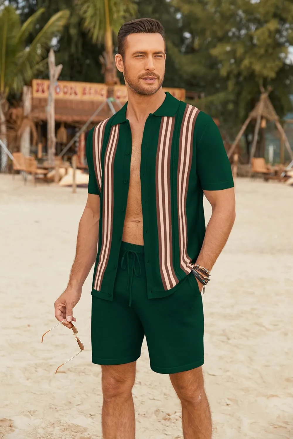 COOFANDY Men's 2 Piece Outfits Summer Short Sets Vintage Knit Button Down Shirt Short Sleeve Polo Casual Beach Suits