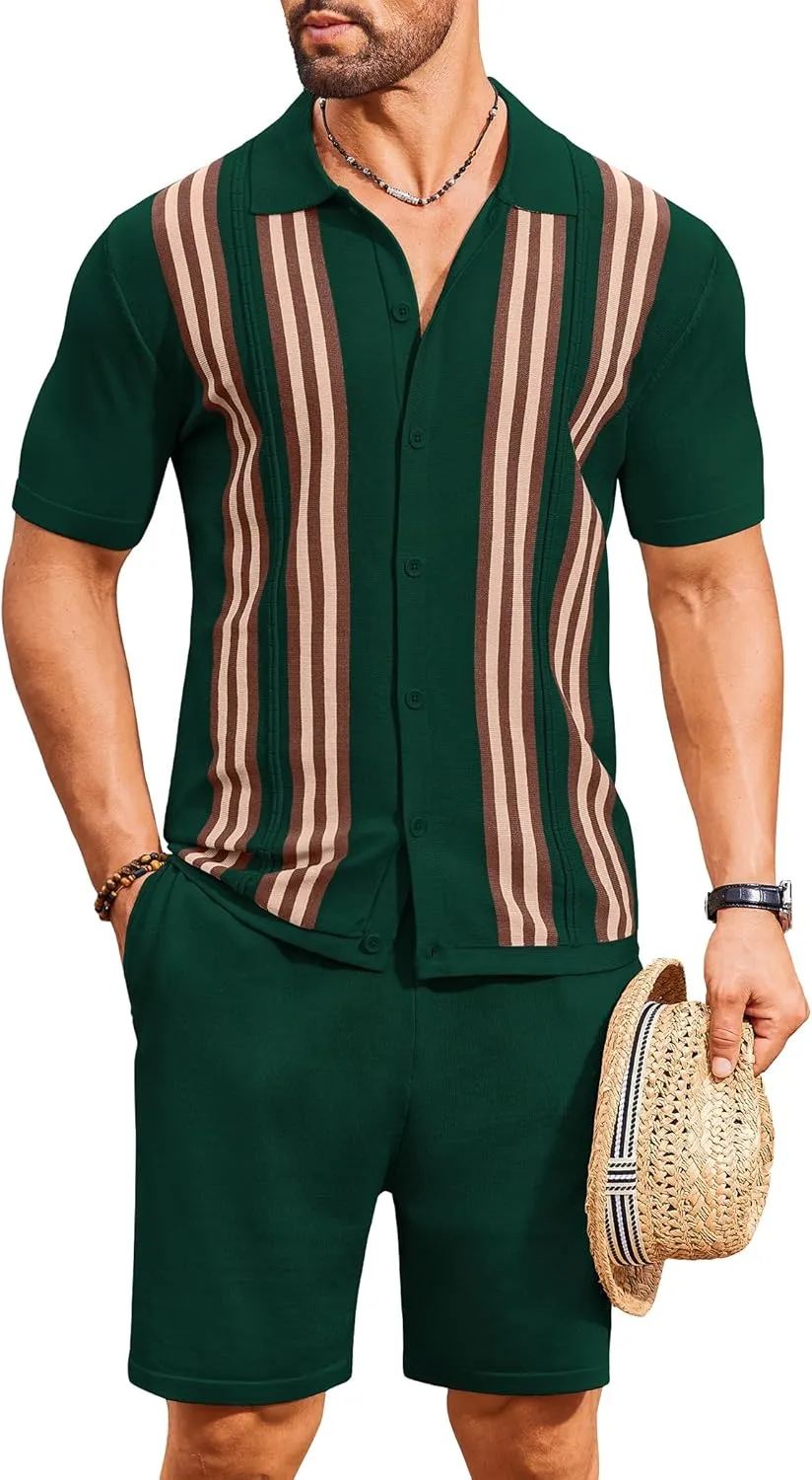 COOFANDY Men's 2 Piece Outfits Summer Short Sets Vintage Knit Button Down Shirt Short Sleeve Polo Casual Beach Suits